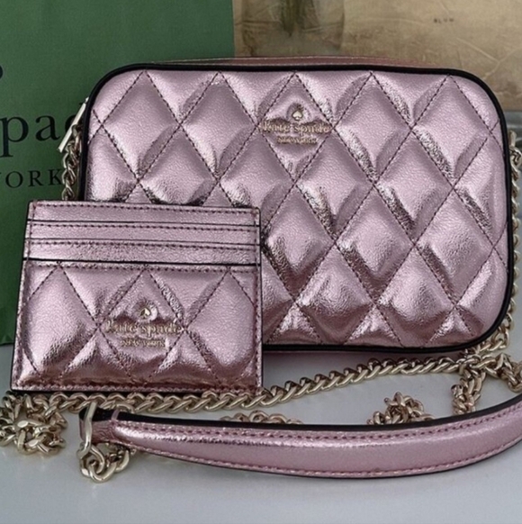 Kate Spade ♠️ Metallic Pink Quilted Glimmer Crossbody Bag and Card Holder SET - Picture 1 of 8